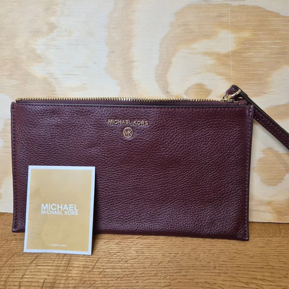 MICHAEL Michael Kors Large Flat Wristlet Clutch Merlot Burgundy Pebbled Leather
